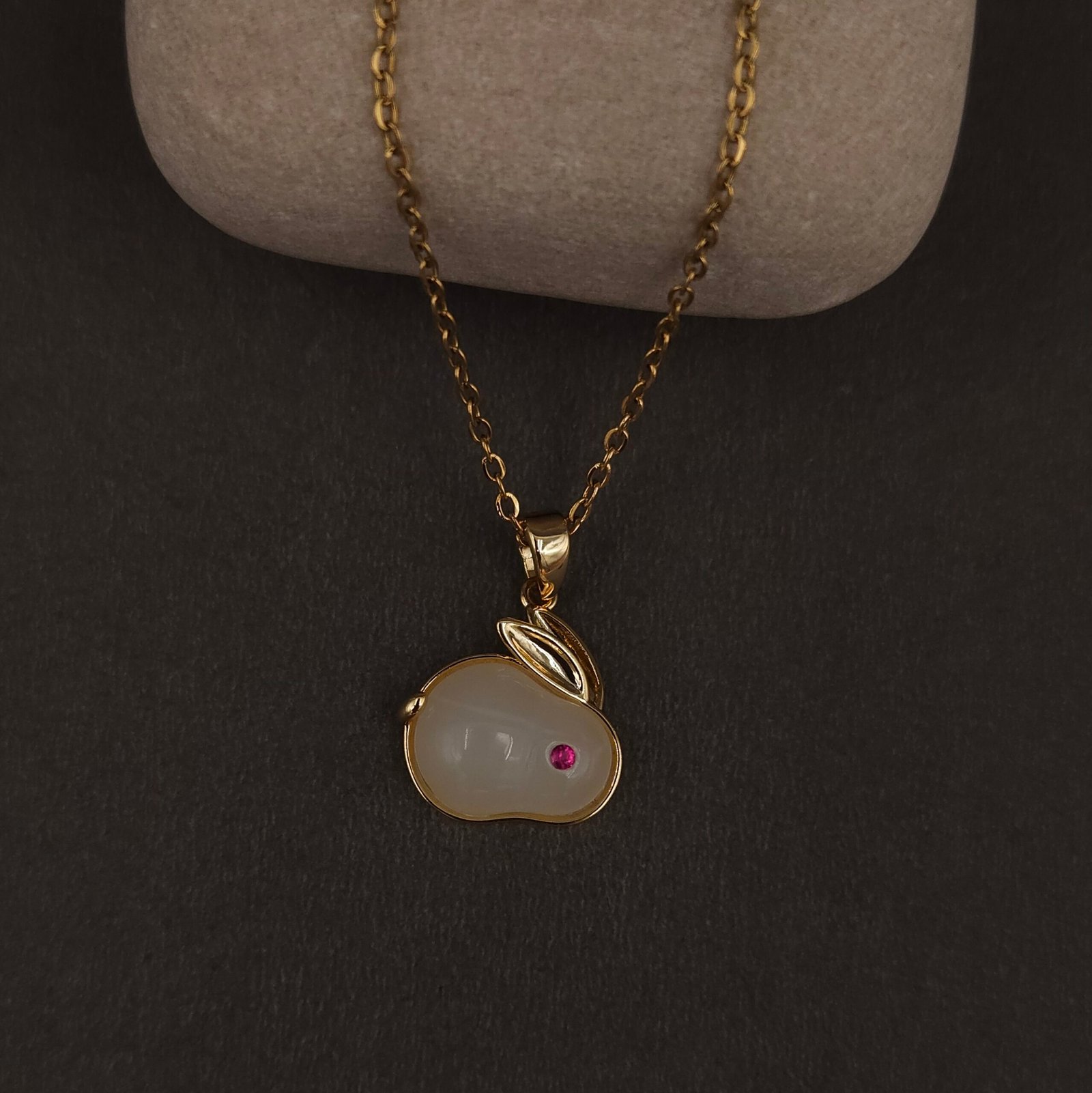 Stainless Steel Bunny Pendant Necklace - White Stone, Anti-Tarnish Stainless Steel Bunny Pendant Necklace - White Stone, Anti-Tarnish