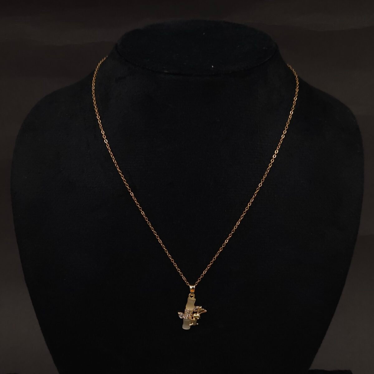 Stainless Steel Bunny and Bamboo Pendant Necklace - CZ Accents, Anti-Tarnish