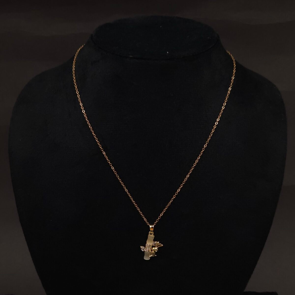 Stainless Steel Bunny and Bamboo Pendant Necklace - CZ Accents, Anti-Tarnish