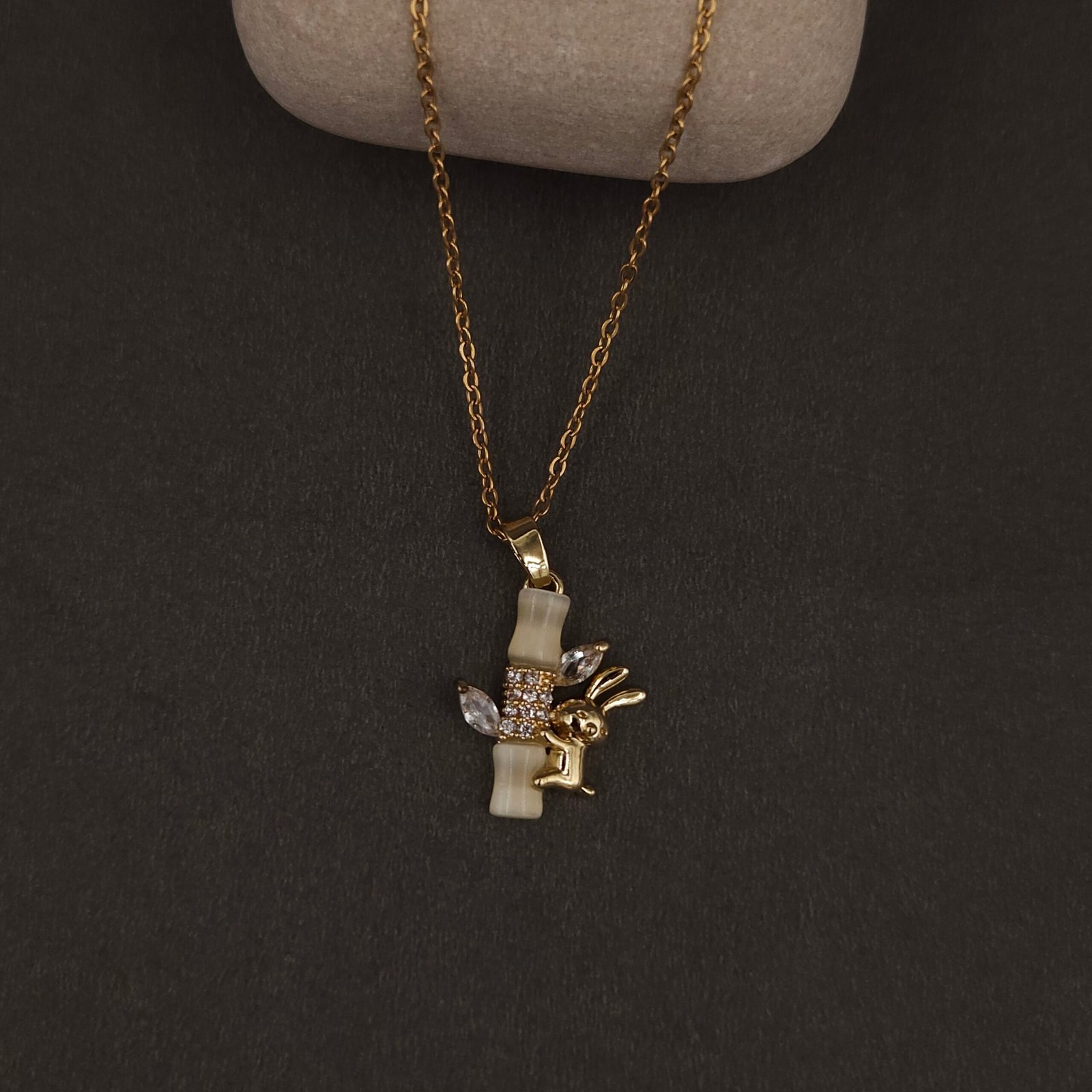 Stainless Steel Bunny and Bamboo Pendant Necklace - CZ Accents, Anti-Tarnish Stainless Steel Bunny and Bamboo Pendant Necklace - CZ Accents, Anti-Tarnish