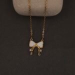 Stainless Steel Bow Pendant Necklace - White Enamel & CZ Accents, Anti-Tarnish