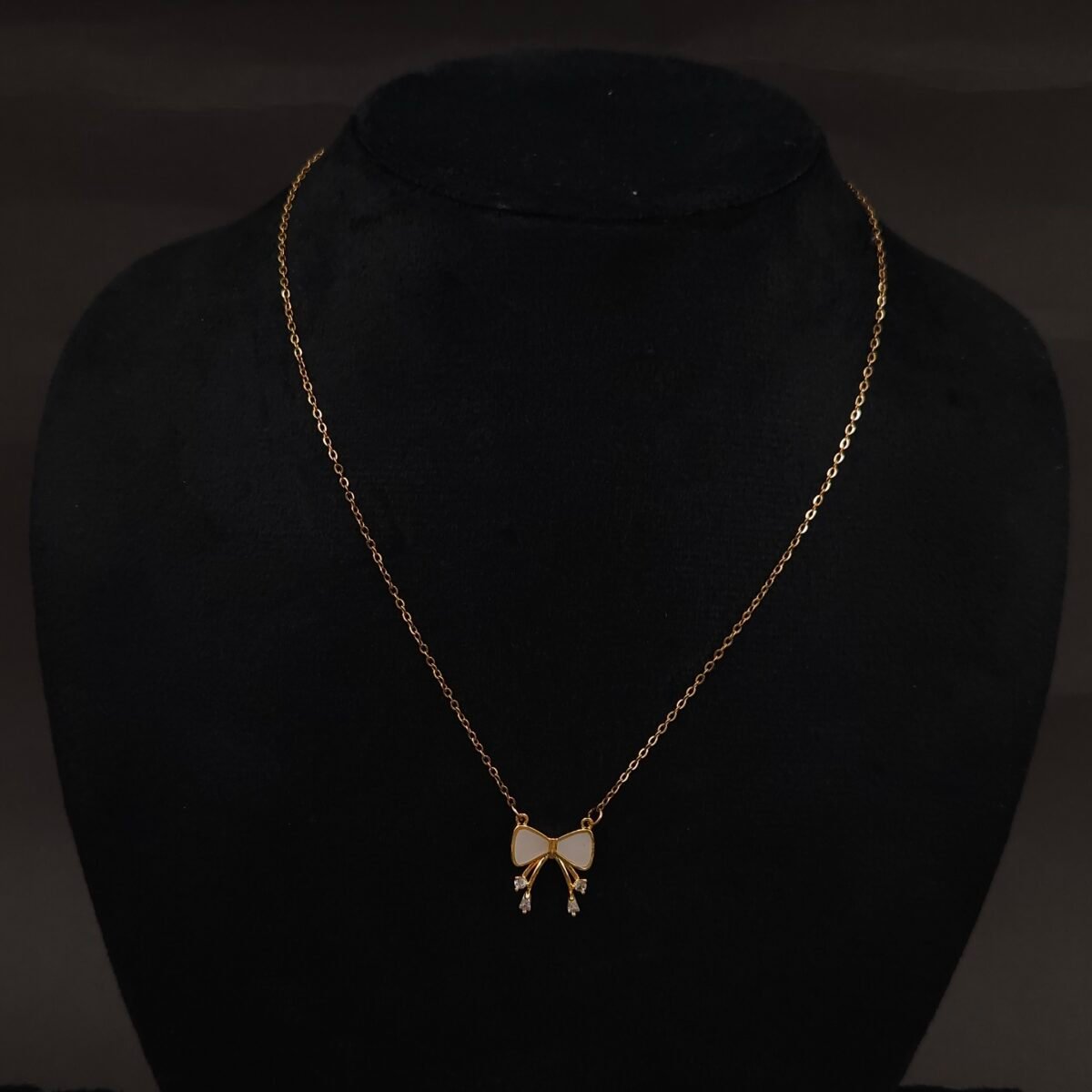 Stainless Steel Bow Pendant Necklace - White Enamel & CZ Accents, Anti-Tarnish