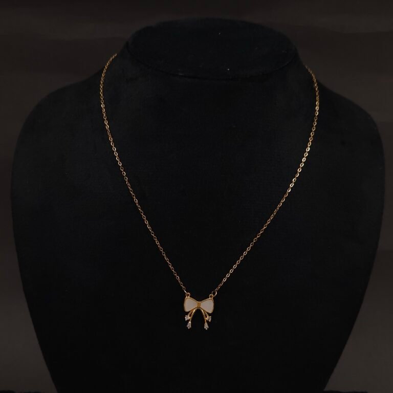 Stainless Steel Bow Pendant Necklace - White Enamel & CZ Accents, Anti-Tarnish