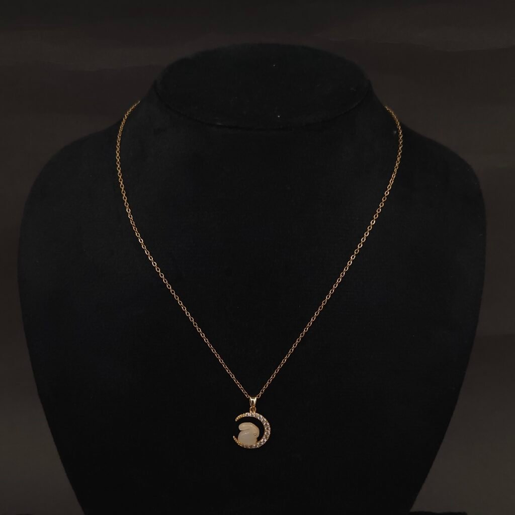 Stainless Steel Bunny Moon Pendant Necklace - Gold Plated, CZ Accents, Anti-Tarnish