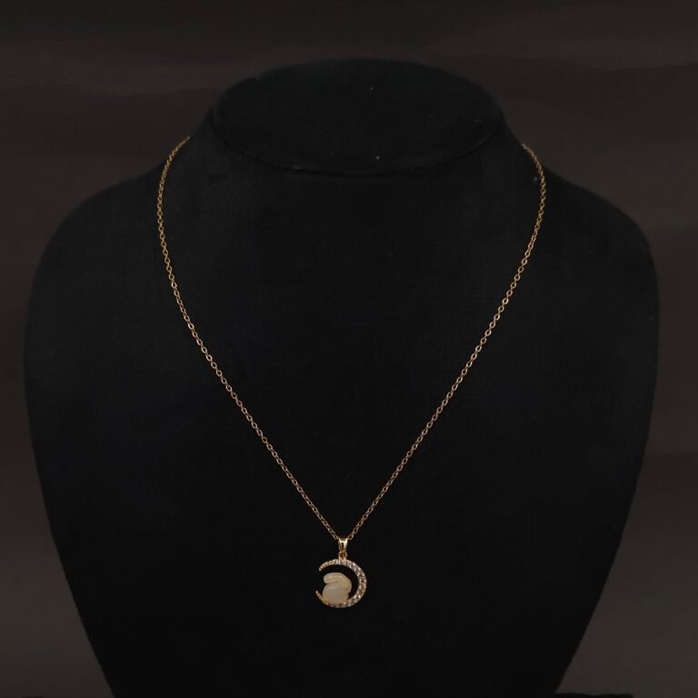 Stainless Steel Bunny Moon Pendant Necklace - Gold Plated, CZ Accents, Anti-Tarnish