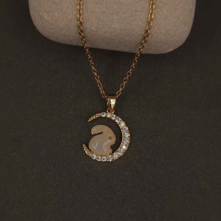 Stainless Steel Bunny Moon Pendant Necklace - Gold Plated, CZ Accents, Anti-Tarnish