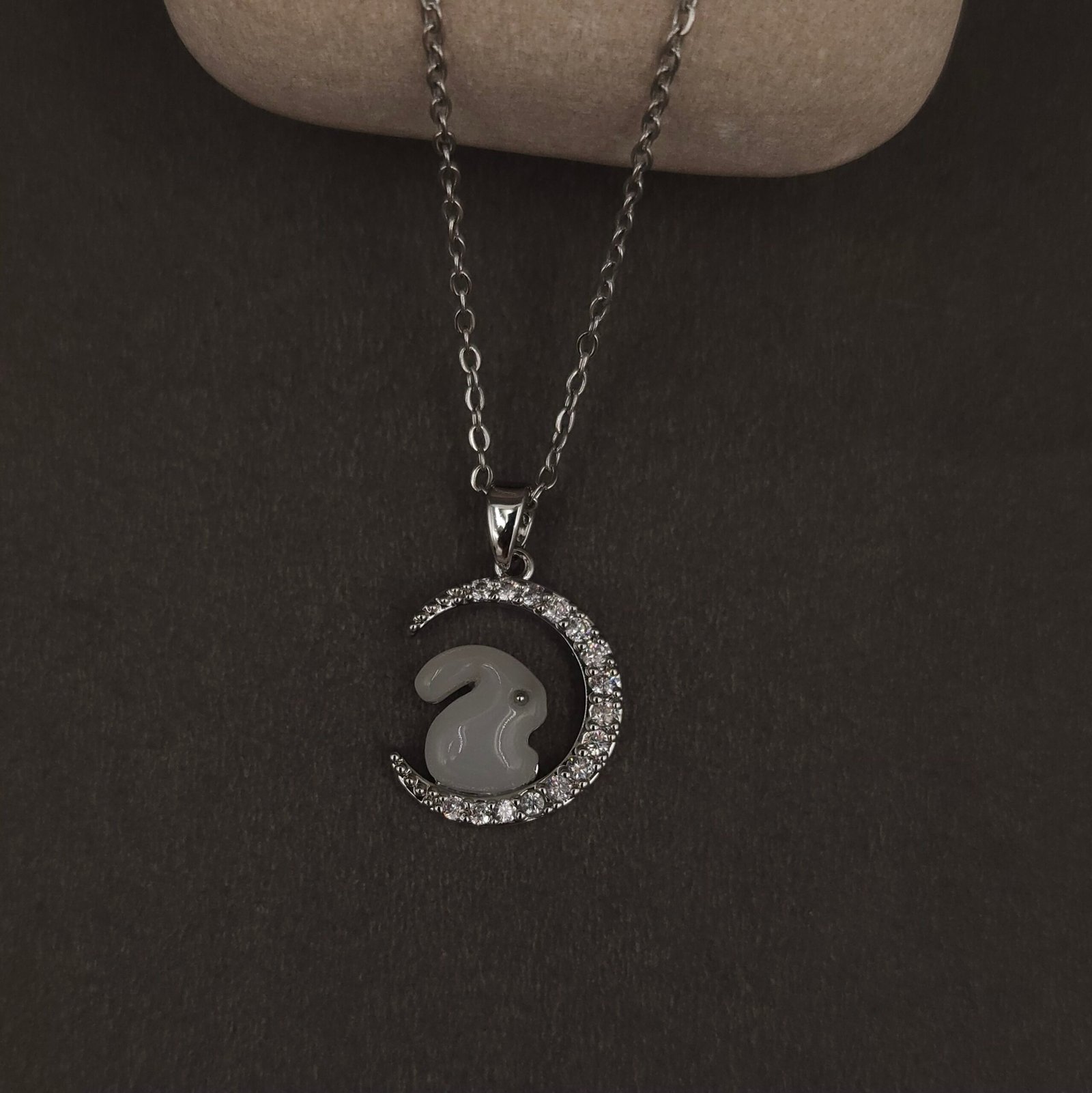 Stainless Steel Bunny Moon Pendant Necklace - Anti-Tarnish, CZ Accent Stainless Steel Bunny Moon Pendant Necklace - Anti-Tarnish, CZ Accent