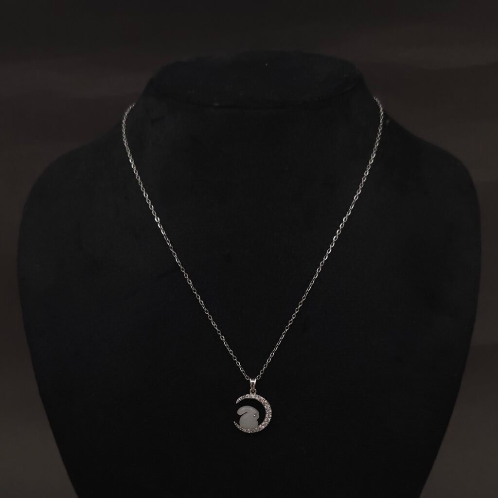 Stainless Steel Bunny Moon Pendant Necklace - Anti-Tarnish, CZ Accent