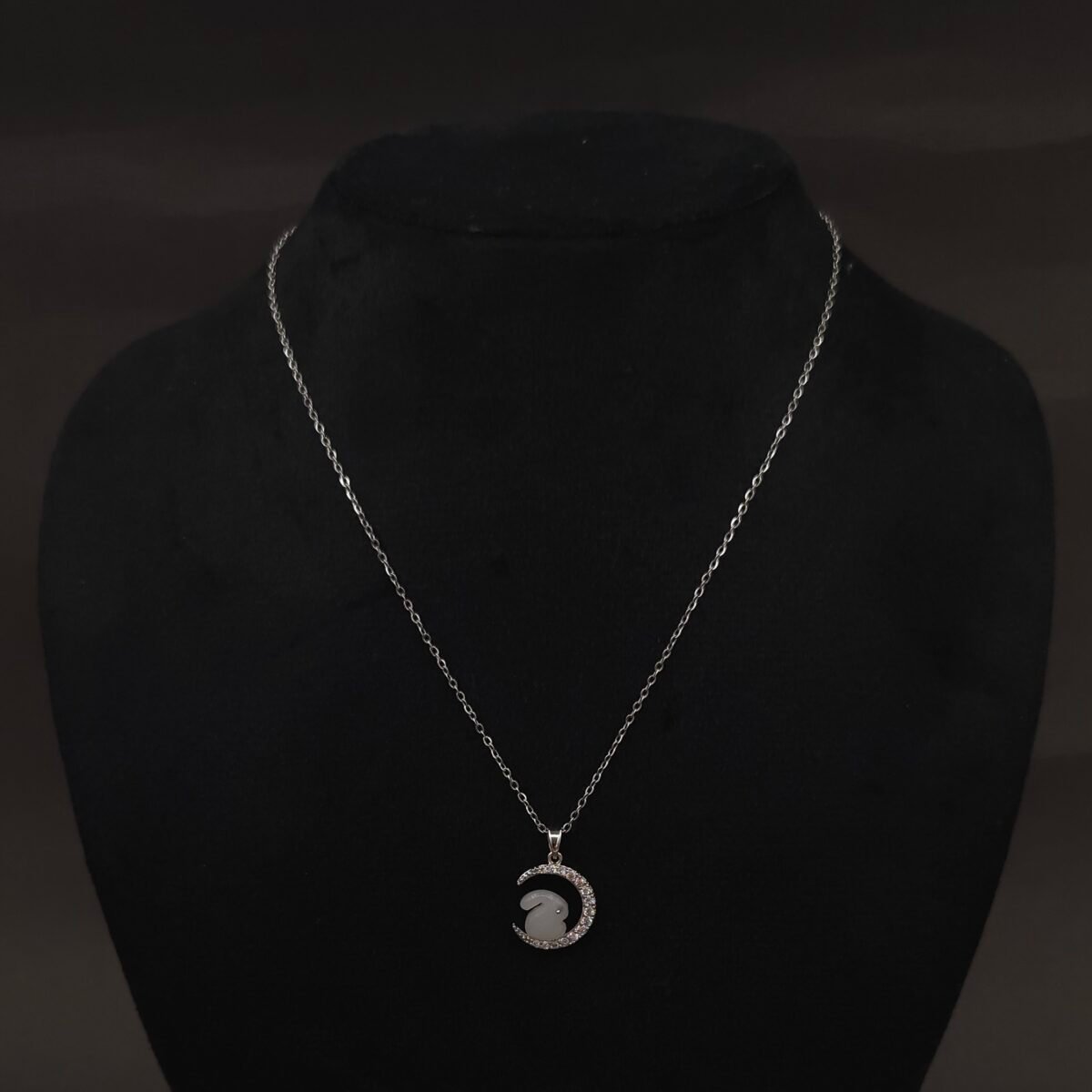 Stainless Steel Bunny Moon Pendant Necklace - Anti-Tarnish, CZ Accent