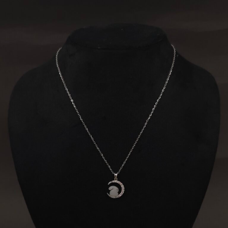 Stainless Steel Bunny Moon Pendant Necklace - Anti-Tarnish, CZ Accent