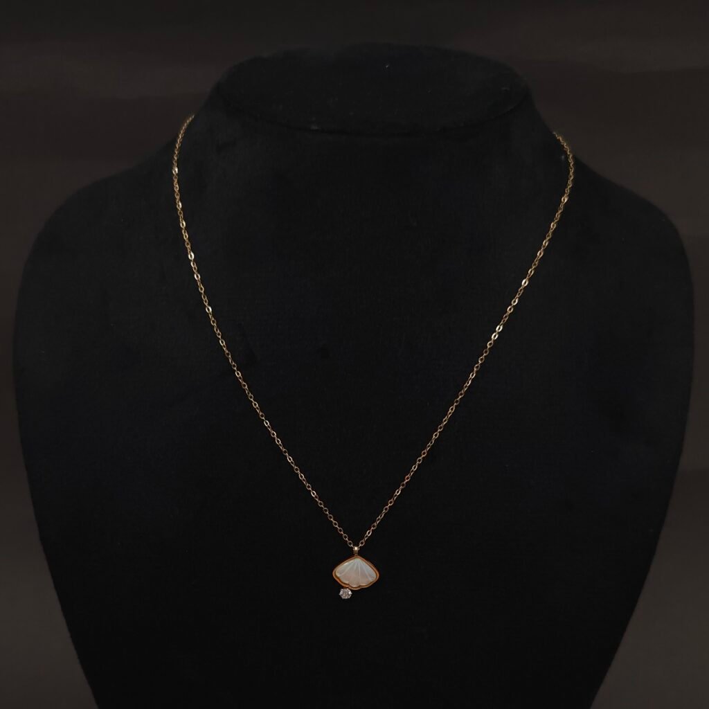 Stainless Steel Shell Motif Pendant Necklace - Anti-Tarnish, Mother of Pearl & CZ Accent