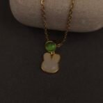 Stainless Steel Bunny Head Pendant Necklace - Green & White Stone