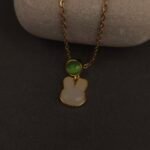 Stainless Steel Bunny Head Pendant Necklace - Green & White Stone