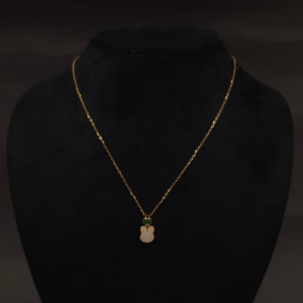 Stainless Steel Bunny Head Pendant Necklace - Green & White Stone