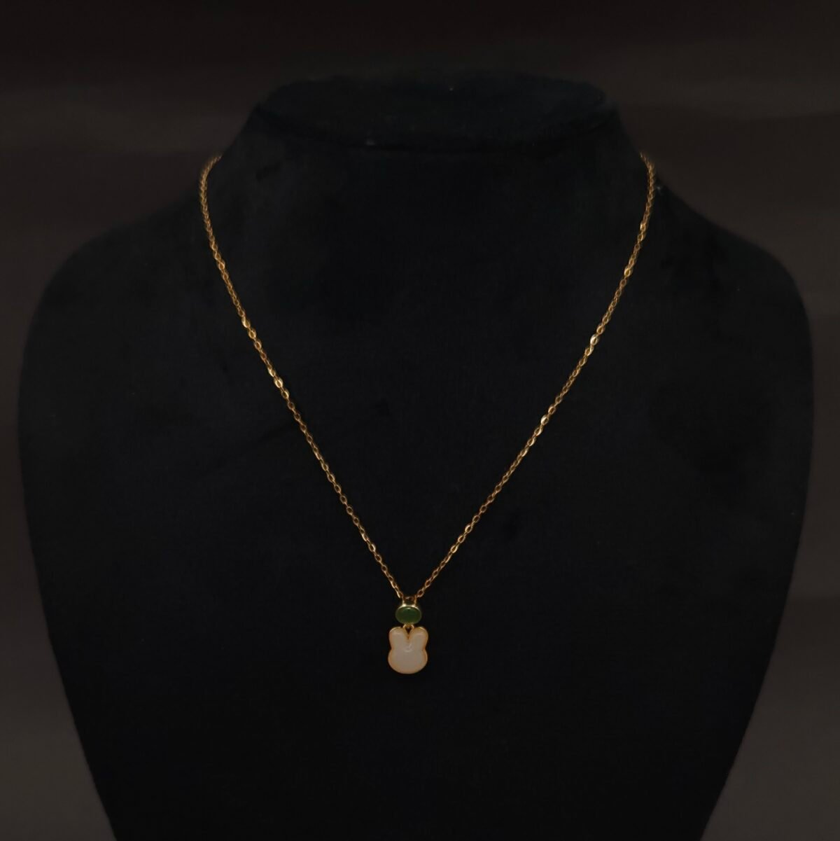 Stainless Steel Bunny Head Pendant Necklace - Green & White Stone