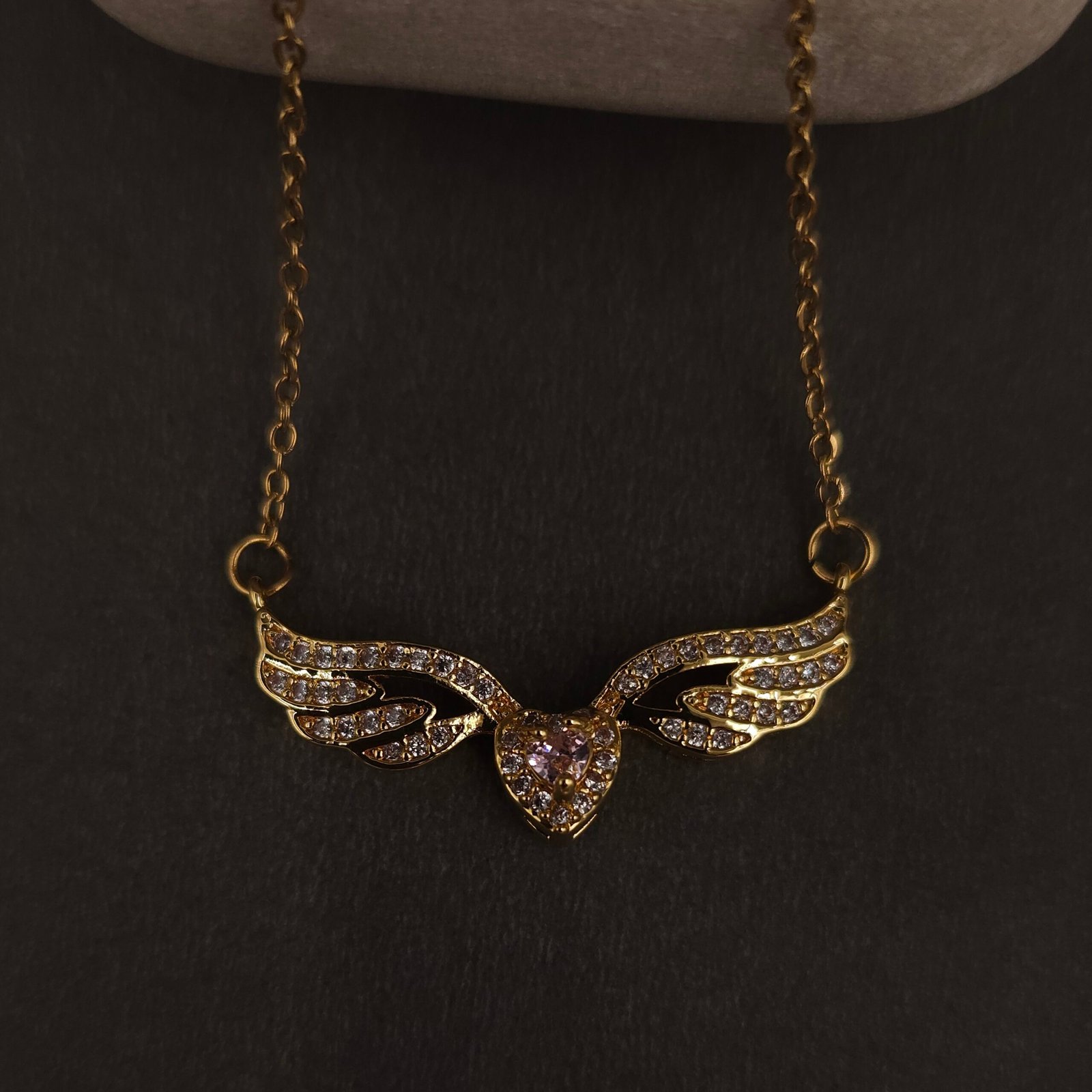 Stainless Steel Winged Heart Crystal Necklace - Anti-Tarnish Stainless Steel Winged Heart Crystal Necklace - Anti-Tarnish