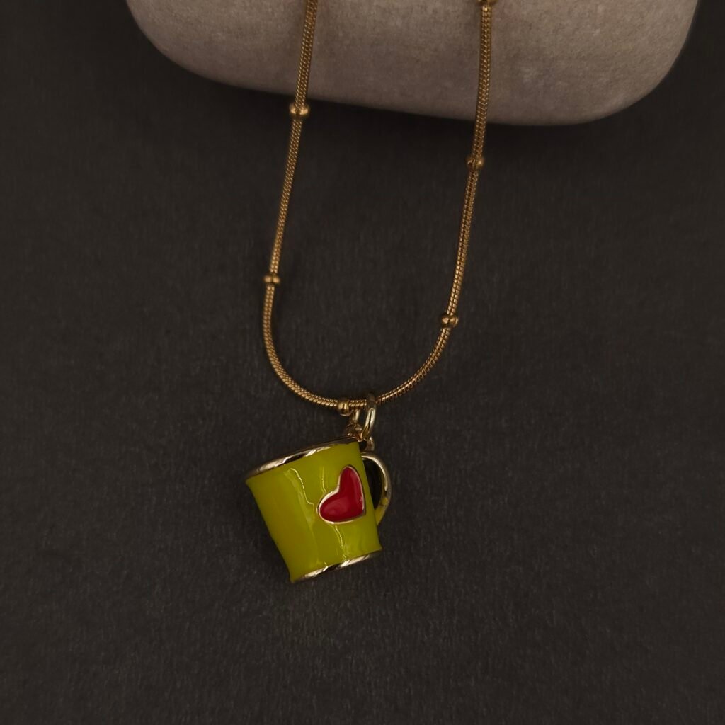 Stainless Steel Green Cup with Heart Pendant Necklace - Anti-Tarnish