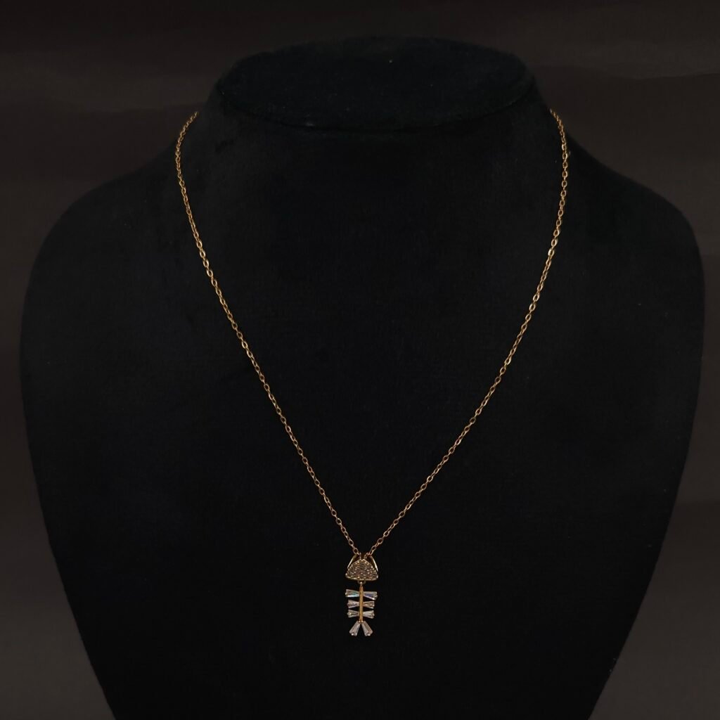 Stainless Steel Crystal Fishbone Pendant Necklace - Anti-Tarnish