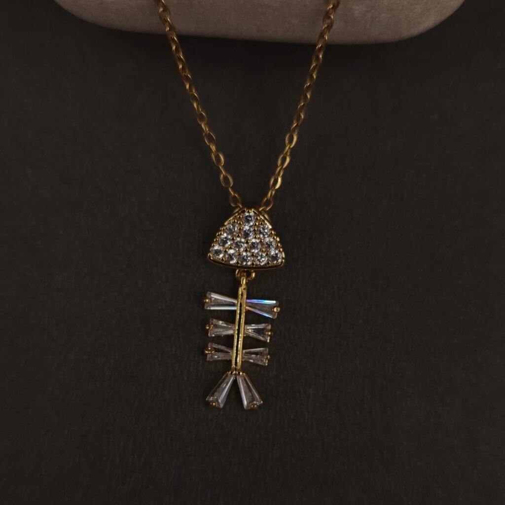 Stainless Steel Crystal Fishbone Pendant Necklace - Anti-Tarnish