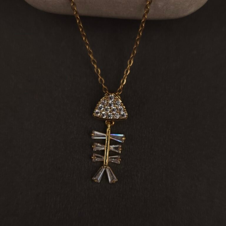 Stainless Steel Crystal Fishbone Pendant Necklace - Anti-Tarnish