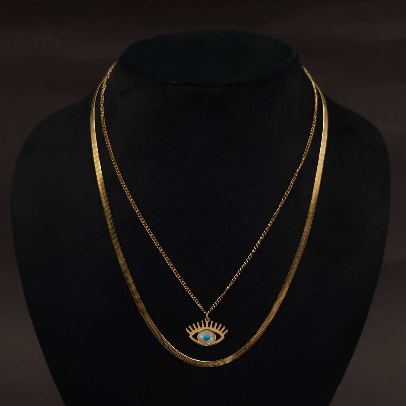 Stainless Steel Layered Evil Eye Pendant Necklace - Anti-Tarnish Stainless Steel Layered Evil Eye Pendant Necklace - Anti-Tarnish