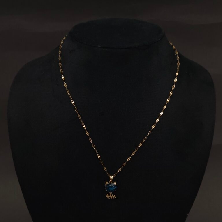 Stainless Steel Cat & Fishbone Blue Gemstone Pendant Necklace - Anti-Tarnish