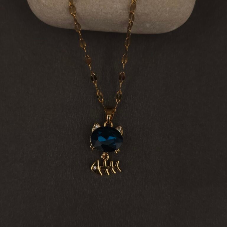 Stainless Steel Cat & Fishbone Blue Gemstone Pendant Necklace - Anti-Tarnish