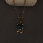 Stainless Steel Cat & Fishbone Blue Gemstone Pendant Necklace - Anti-Tarnish
