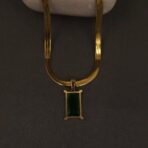 Stainless Steel Emerald Green Rectangle Pendant Necklace - Anti-Tarnish
