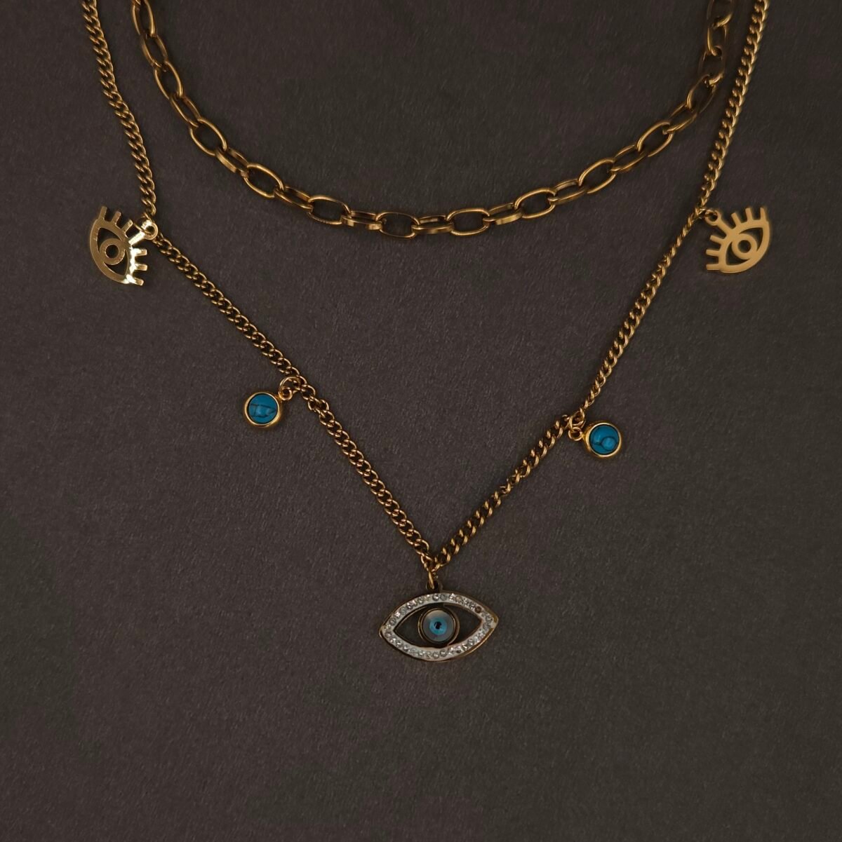 Stainless Steel Layered Evil Eye Necklace Set - Anti-Tarnish