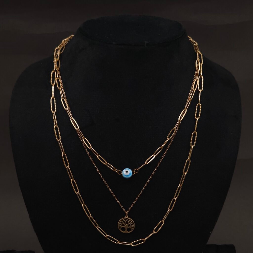 Stainless Steel Layered Tree of Life & Evil Eye Necklace - Anti-Tarnish