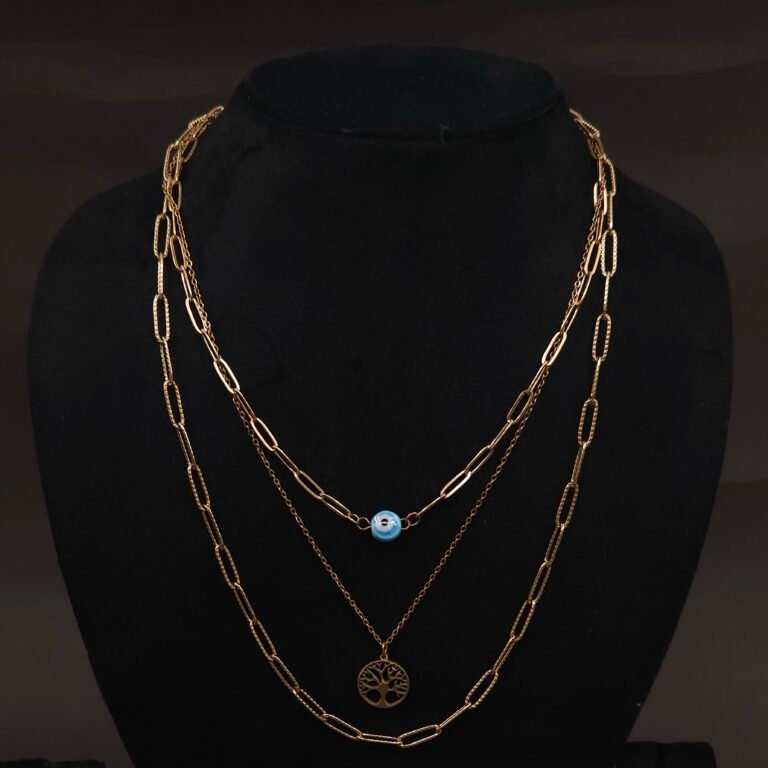 Stainless Steel Layered Tree of Life & Evil Eye Necklace - Anti-Tarnish