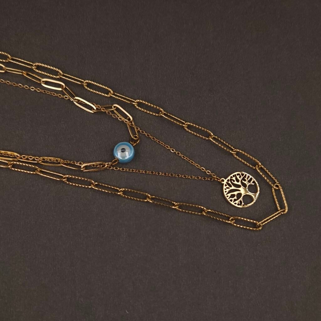 Stainless Steel Layered Tree of Life & Evil Eye Necklace - Anti-Tarnish
