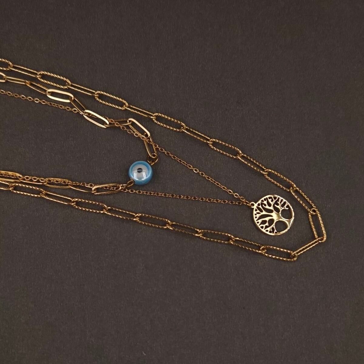 Stainless Steel Layered Tree of Life & Evil Eye Necklace - Anti-Tarnish