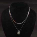 Stainless Steel Layered Snake Chain Necklace with Stone Pendant - Anti-Tarnish