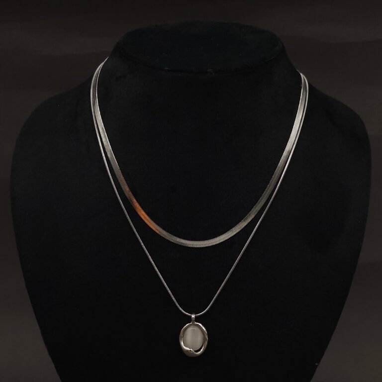 Stainless Steel Layered Snake Chain Necklace with Stone Pendant - Anti-Tarnish
