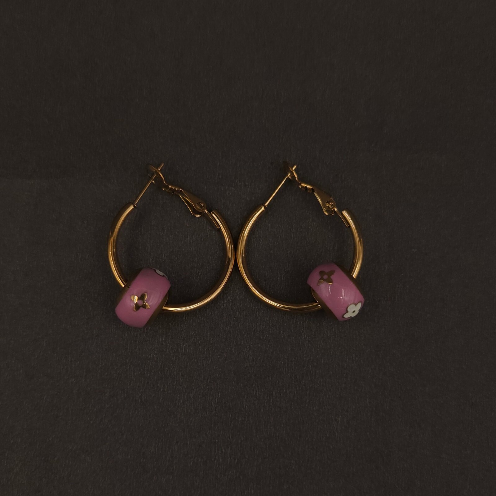Stainless Steel Pink Enamel Floral Hoop Earrings - Anti-Tarnish Stainless Steel Pink Enamel Floral Hoop Earrings - Anti-Tarnish
