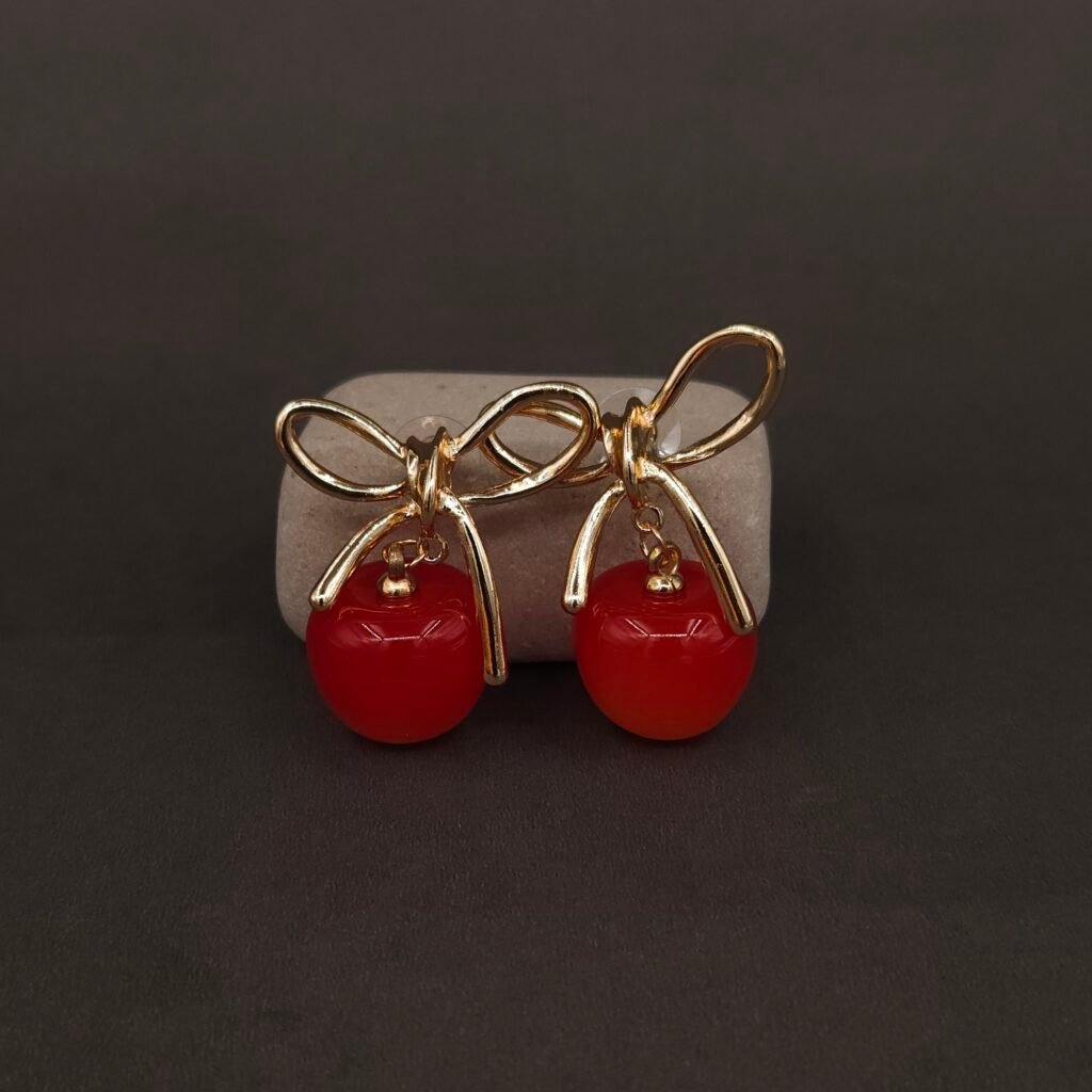 Stainless Steel Bow Cherry Drop Earrings - Anti-Tarnish