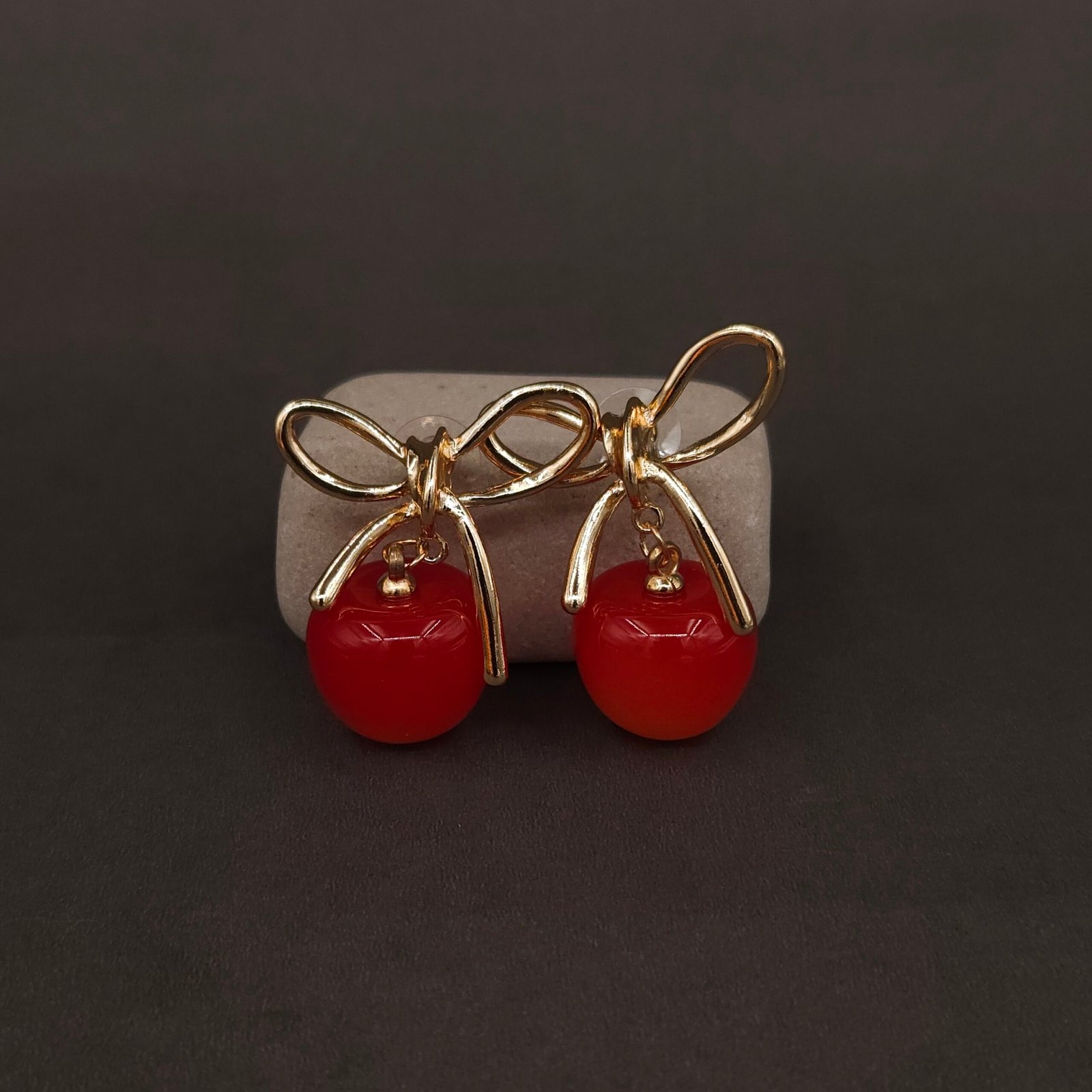 Stainless Steel Bow Cherry Drop Earrings - Anti-Tarnish Stainless Steel Bow Cherry Drop Earrings - Anti-Tarnish