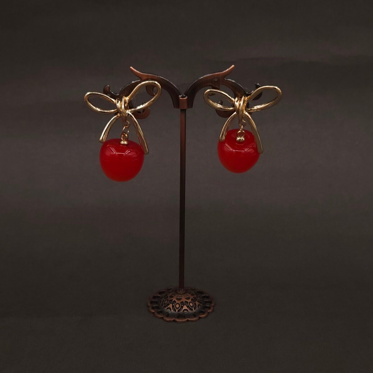 Stainless Steel Bow Cherry Drop Earrings - Anti-Tarnish