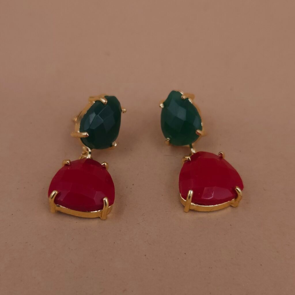 Handmade Brass Gemstone Drop Earrings - Green Onyx & Pink Chalcedony - Anti-Tarnish