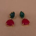 Handmade Brass Gemstone Drop Earrings - Green Onyx & Pink Chalcedony - Anti-Tarnish