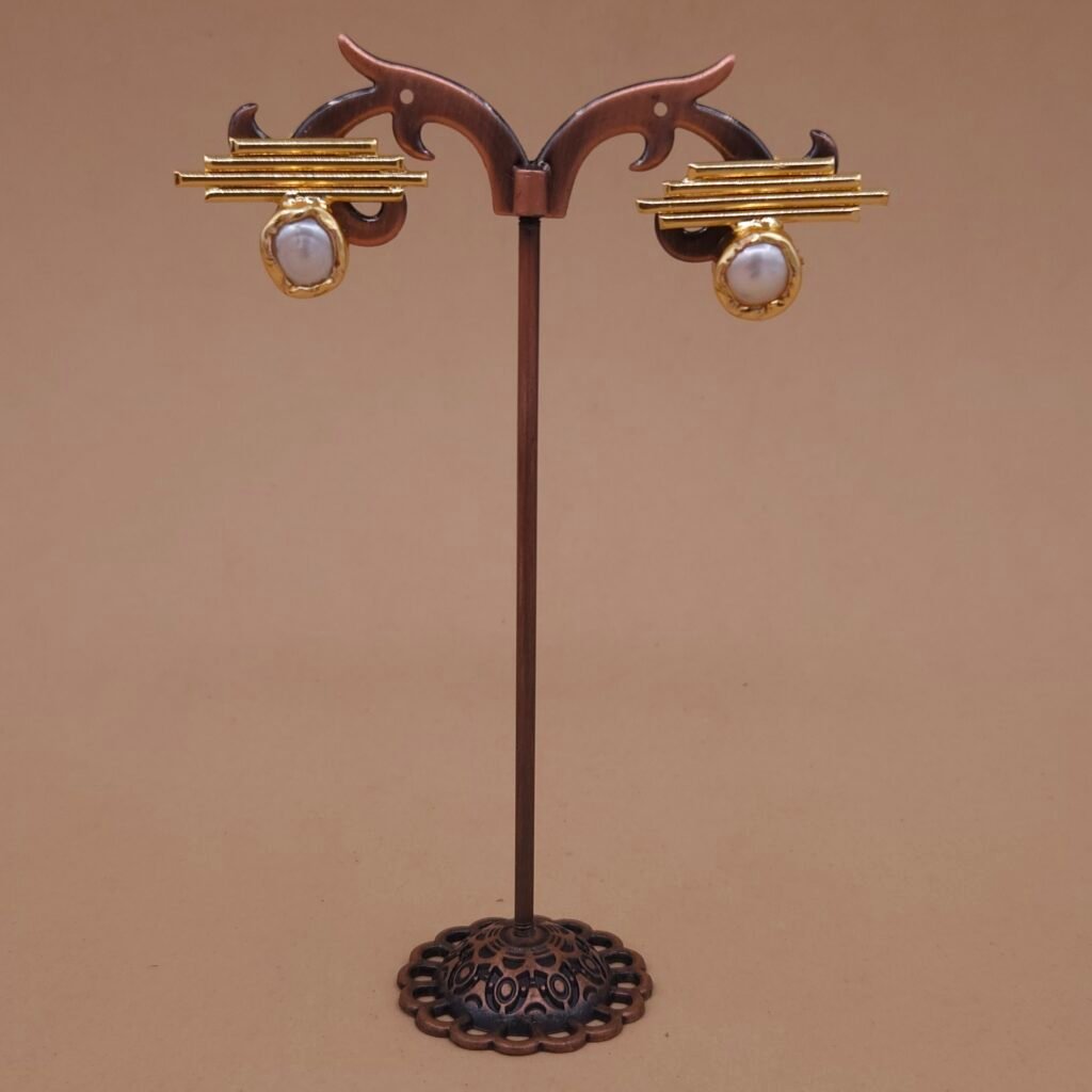 Handmade Brass Pearl Stud Earrings - Anti-Tarnish