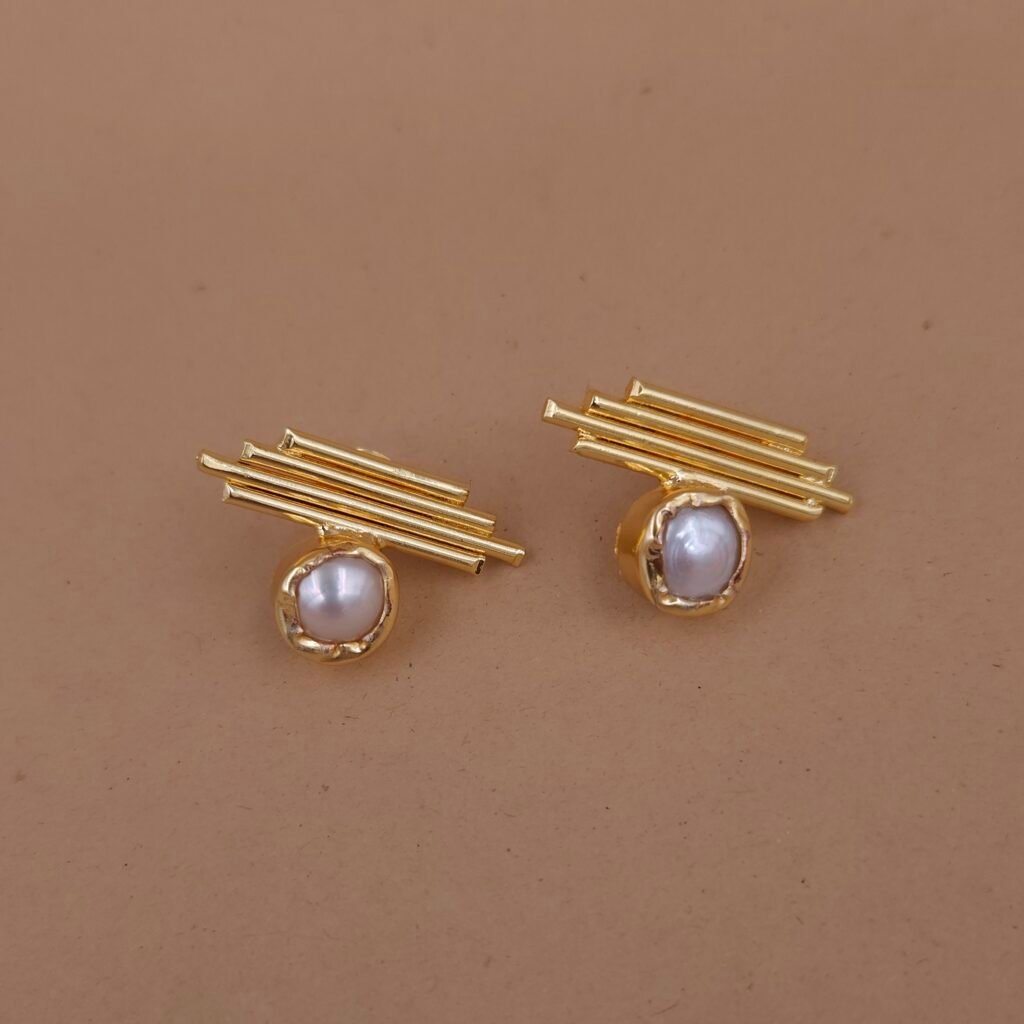 Handmade Brass Pearl Stud Earrings - Anti-Tarnish