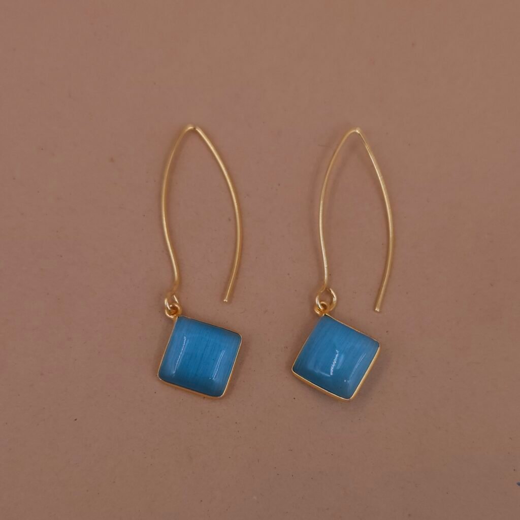 Handmade Brass Long Dangle Earrings - Geometric Gemstone Drops - Anti-Tarnish