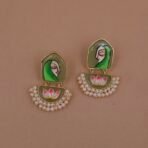 Handmade Brass Earrings with Hand-Painted Enamel Monalisa Stone, Lotus Motif & Pearls