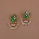 Handmade Brass Earrings with Hand-Painted Enamel Monalisa Stone, Lotus Motif & Pearls