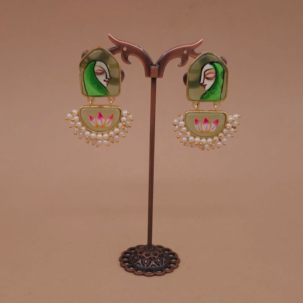 Handmade Brass Earrings with Hand-Painted Enamel Monalisa Stone, Lotus Motif & Pearls