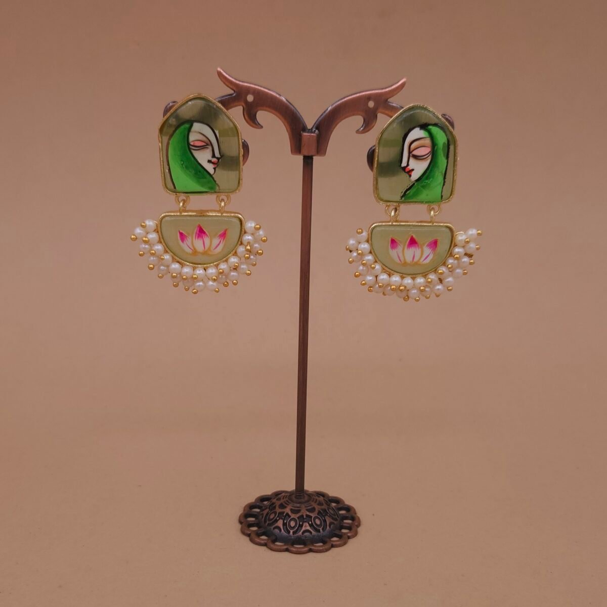 Handmade Brass Earrings with Hand-Painted Enamel Monalisa Stone, Lotus Motif & Pearls