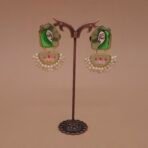 Handmade Brass Earrings with Hand-Painted Enamel Monalisa Stone, Lotus Motif & Pearls